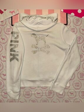 VS PINK VINTAGE Y2K HOODIE SWEATSHIRT WHITE ROCK & ROLL DOG CROSSBONES BLING HTF